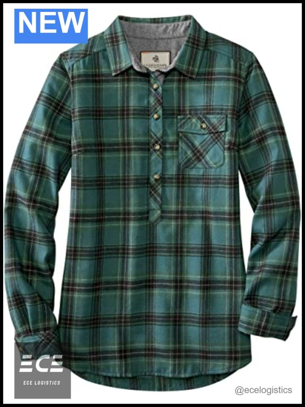 Plaid Flannel Tunic Half Button Front Relaxed Fit